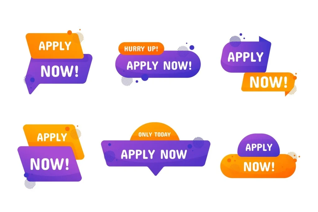 Diversos botões de chamada para ação estilizados com a frase 'Apply Now!' em diferentes cores e formatos idealizados para marketing digital com foco em conversão.