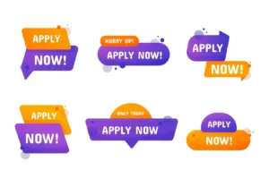 Diversos botões de chamada para ação estilizados com a frase 'Apply Now!' em diferentes cores e formatos idealizados para marketing digital com foco em conversão.