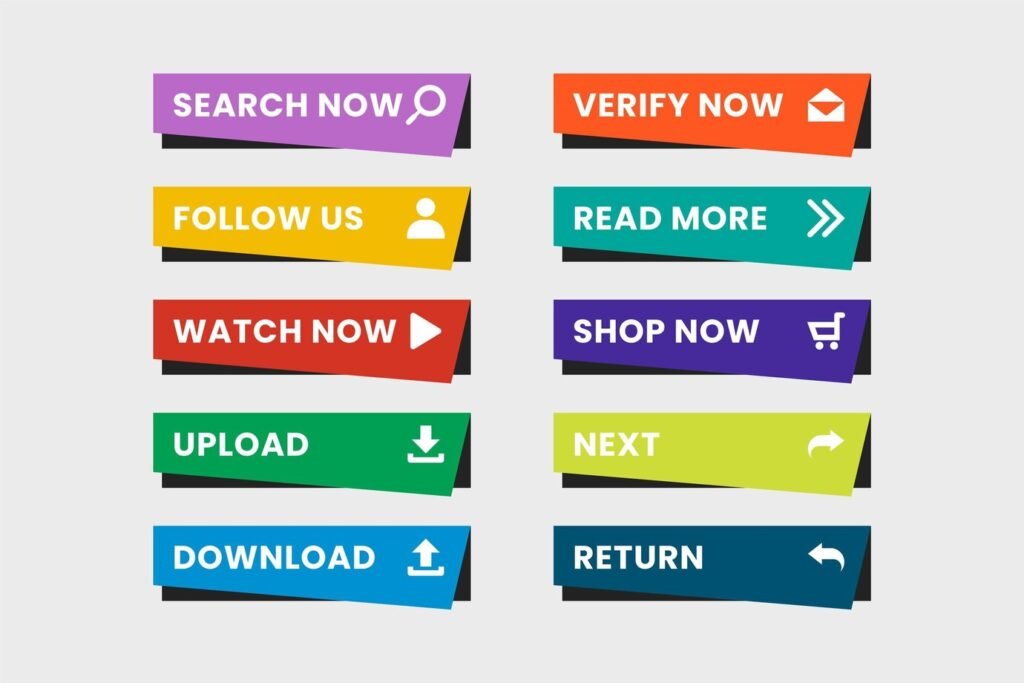 Conjunto de CTAs coloridos com botões como 'Buscar Agora', 'Seguir Nós', 'Fazer Download', 'Ler Mais' e outros, projetados para aumentar a interatividade em sites.