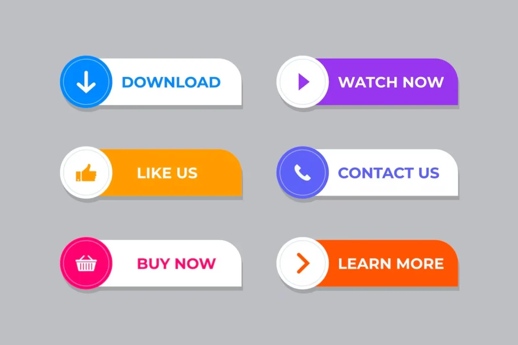 Imagem com botões de CTA, incluindo 'Download', 'Watch Now', 'Like Us', 'Contact Us', 'Buy Now' e 'Learn More', ideal para marketing digital.