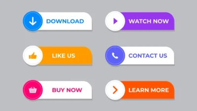 Imagem com botões de CTA, incluindo 'Download', 'Watch Now', 'Like Us', 'Contact Us', 'Buy Now' e 'Learn More', ideal para marketing digital.