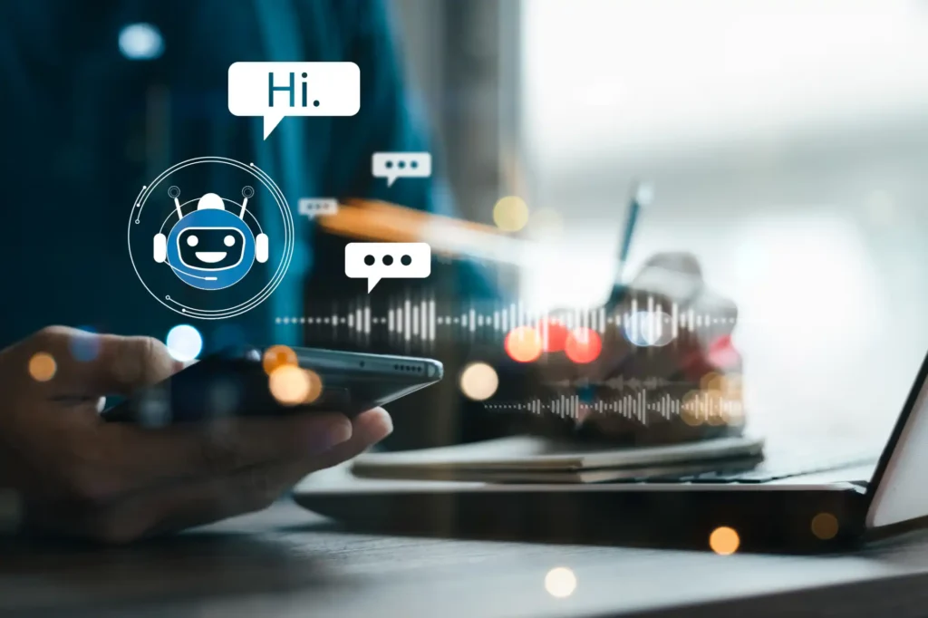 Imagem mostrando ferramentas de IA para automação, com uma pessoa interagindo com um chatbot através de um smartphone. Elementos gráficos destacam a comunicação e tecnologia.