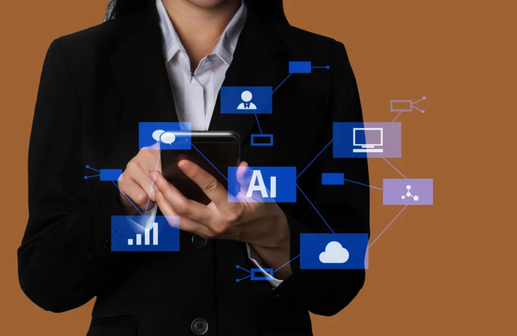 Imagem representando ferramentas de IA para automação, com uma pessoa usando um smartphone cercada por ícones de tecnologia e dados.