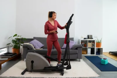 Mulher usando uma bicicleta ergométrica dobrável em casa, com o controle na mão, ideal para quem avalia entre bicicleta ergométrica dobrável e esteira residencial para treinar em casa.