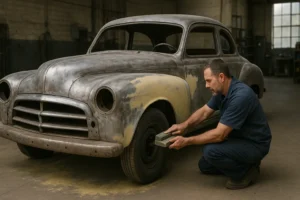 Restaurador automotivo trabalhando na lataria de um carro antigo dentro de uma oficina, lixando a região do para-lama para recuperação e preparação da peça.