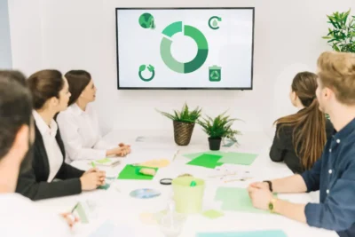 Reunião corporativa discutindo práticas ESG sustentáveis com apresentação sobre implementação eficiente e sem aumento de custos operacionais.