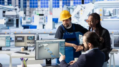 Equipe de engenheiros e técnicos analisando e planejando equipamentos industriais em ambiente moderno de fábrica, destacando a importância dos equipamentos para o aumento da produtividade industrial.