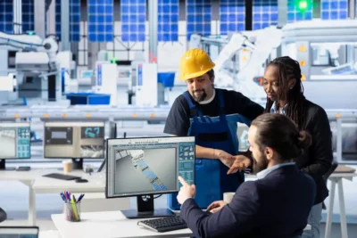 Equipe de engenheiros e técnicos analisando e planejando equipamentos industriais em ambiente moderno de fábrica, destacando a importância dos equipamentos para o aumento da produtividade industrial.