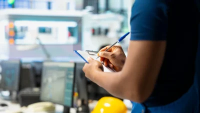 Pessoa realizando anotações em um caderno, com computadores ao fundo, representando o processo para obter o Certificado de Aprovação.